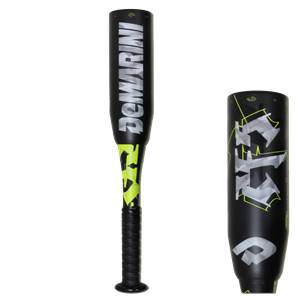 Front view of a black baseball bat with DeMarini branding and neon green graphics.
