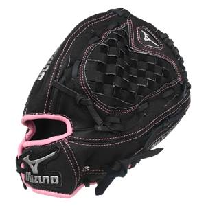 Top-down view of a black fastpitch mitt with pink stitching, a checkered web, and Mizuno branding.