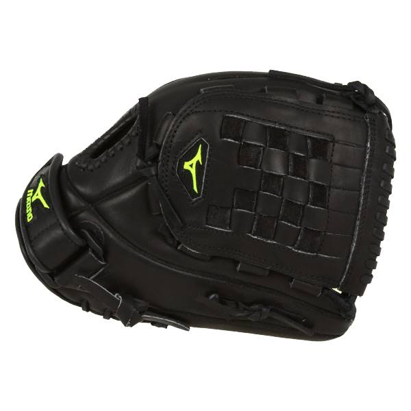 Side view of a black Mizuno MVP Prime Fastpitch Series glove with a woven pocket and yellow Mizuno logo.