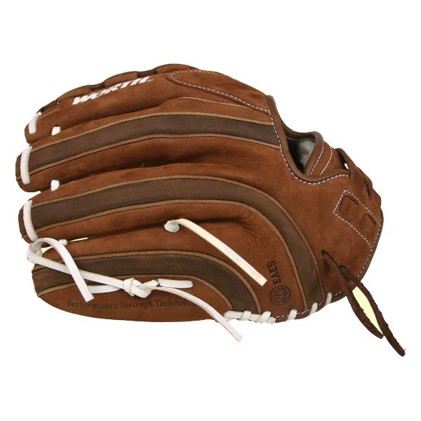 Side view of a brown baseball glove with white lacing and WORTH branding.