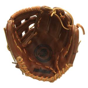 Interior view of a brown leather baseball glove with yellow stitching and nokona logo.