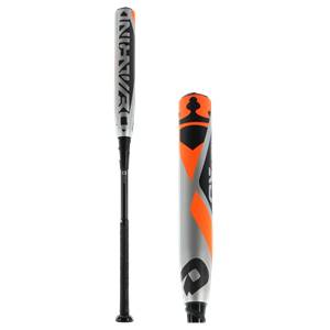 Side view of a silver and orange baseball bat with black DeMarini branding and a black grip.