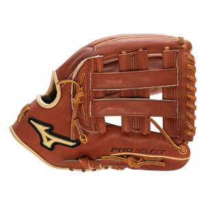 Side view of a brown baseball glove with a black and gold Mizuno logo and PRO SELECT text.