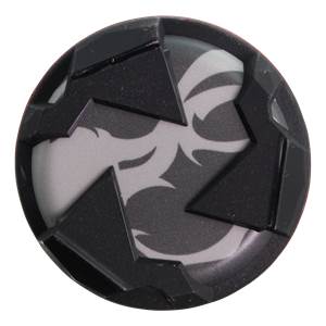 Top-down view of a black softball bat end cap with a grey tribal design and geometric accents.