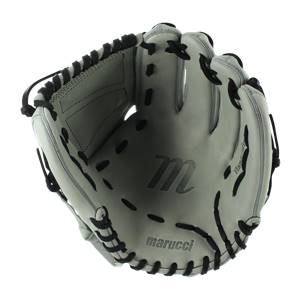 Top-down view of a gray softball glove with black lacing and Marucci branding.