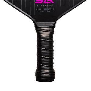 Close-up of a black pickleball paddle grip with USAPA APPROVED and SLKPB.COM text.