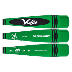 Top-down view of a green tee ball baseball bat with Victus branding and black stripes.
