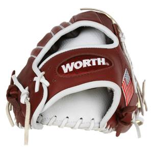 Front view of a maroon baseball glove with white lacing, WORTH logo, and American flag detail.