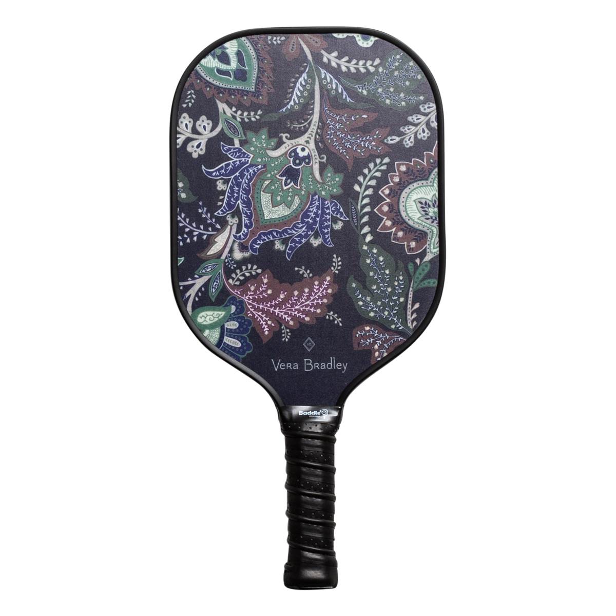 Front view of a black pickleball paddle with a floral paisley pattern and Vera Bradley text.