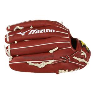 Top-down view of a red Mizuno baseball glove with white stitching and a yellow star logo.