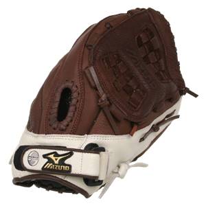 Side view of a brown and white softball glove with a woven pocket and Mizuno branding.