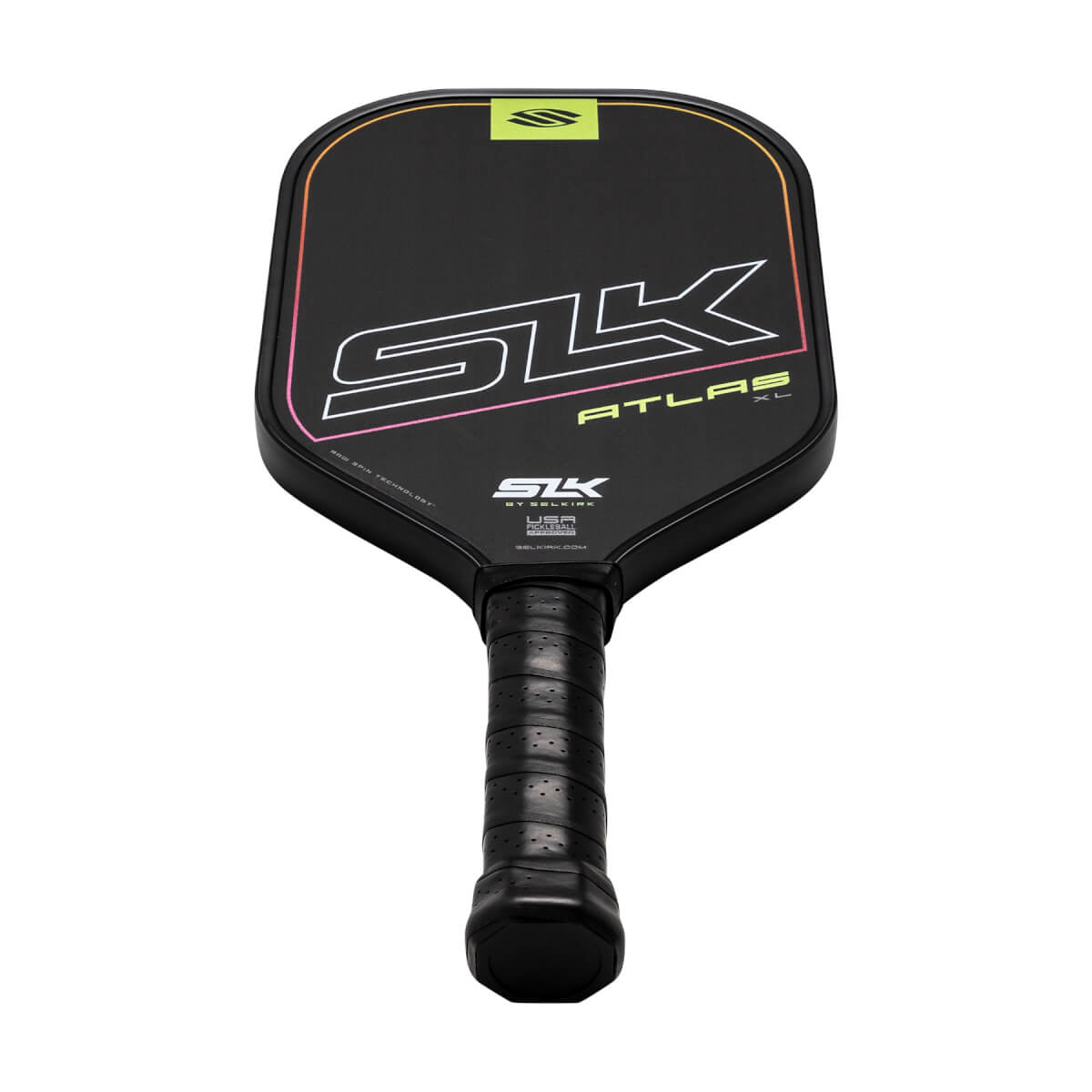 Front view of a black pickleball paddle with white SLK and ATLAS XL text and a green logo.
