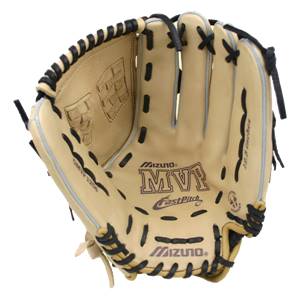 Top-down view of a tan fastpitch glove with black lacing and Mizuno MVP FastPitch branding.