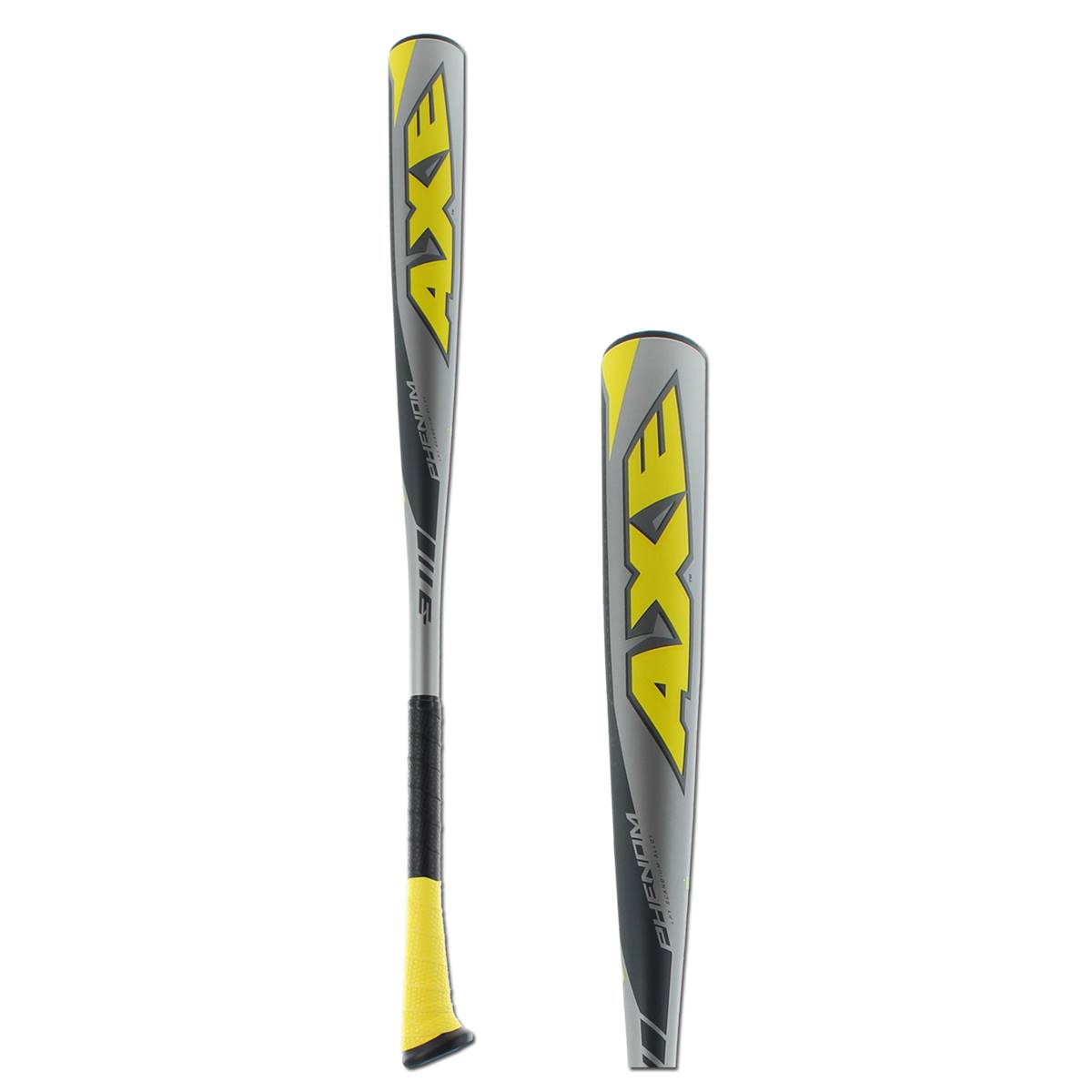Side view of a gray and yellow Axe Phenom baseball bat with yellow grip and large AXE logo.