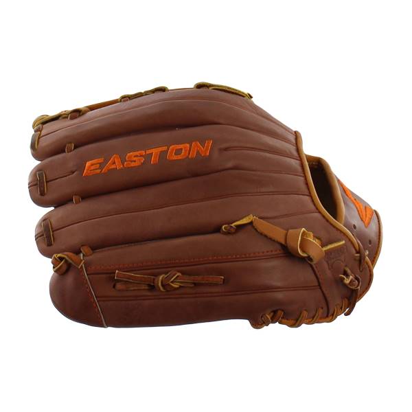 Side view of a brown baseball glove with orange EASTON text and an orange embroidered logo.
