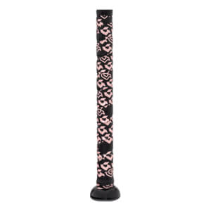 Handle view of a black fastpitch softball bat with pink geometric patterned grip tape and a black knob.