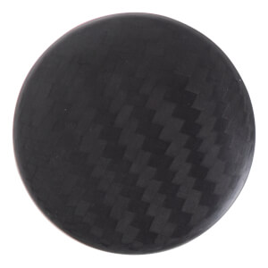 Top-down view of a black baseball bat end cap with a carbon fiber weave pattern.