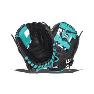 Front view of black baseball gloves with teal lacing and Wilson branding.