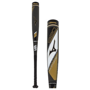 Side view of a black Mizuno baseball bat with gold accents, USA Baseball logo, and PWR CRBN text.