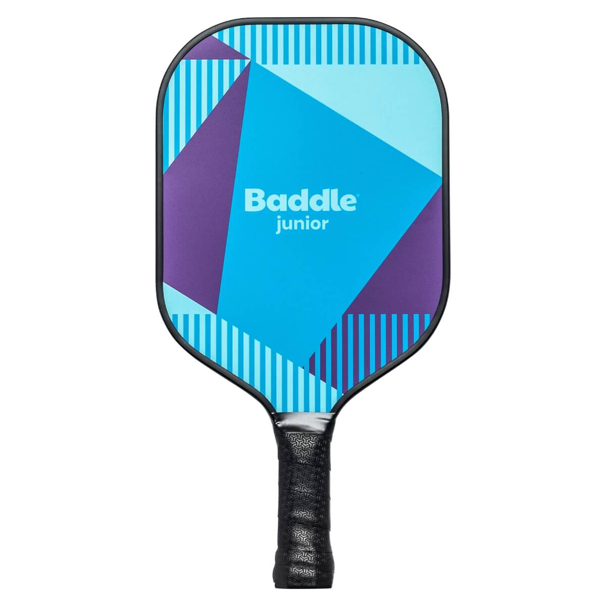 Front view of a blue and purple Baddle Junior pickleball paddle with a geometric design and black grip.