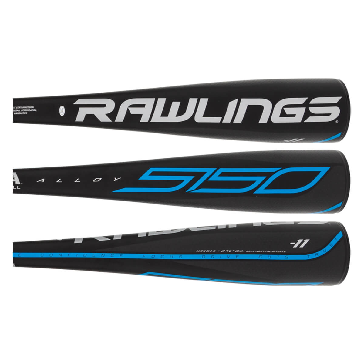 Side view of a black Rawlings 5150 baseball bat with blue 5150 and -11 graphics.