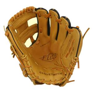 Front view of a tan baseball glove with Elite and GLOVESMITH branding.