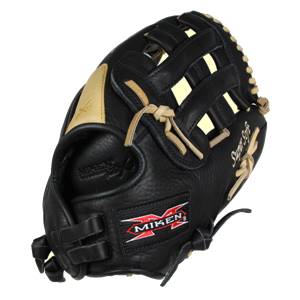Corner view of a black softball glove with tan accents, Super Soft embroidery, and Miken branding.