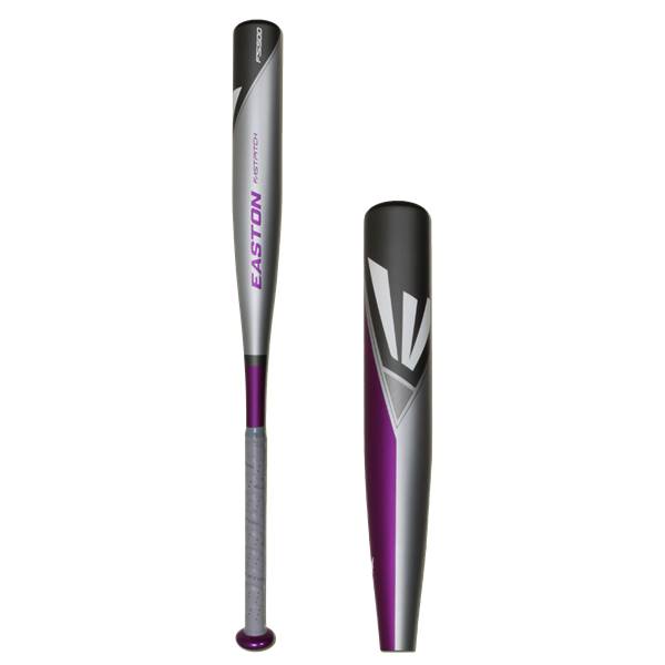 Side view of a silver and purple Easton S500 fastpitch softball bat with a grey grip.