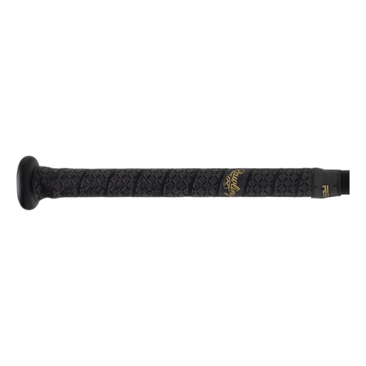 Side view of a black baseball bat with a textured grip and gold Rawlings branding.