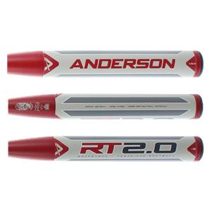 Top-down view of a red and white Anderson RockeTech 2.0 fastpitch softball bat with ANDERSON and RT 2.0 text.