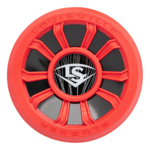Top-down view of the red and black end cap with embossed LOUISVILLE SLUGGER text, red spokes, and a white LS diamond logo in the center.