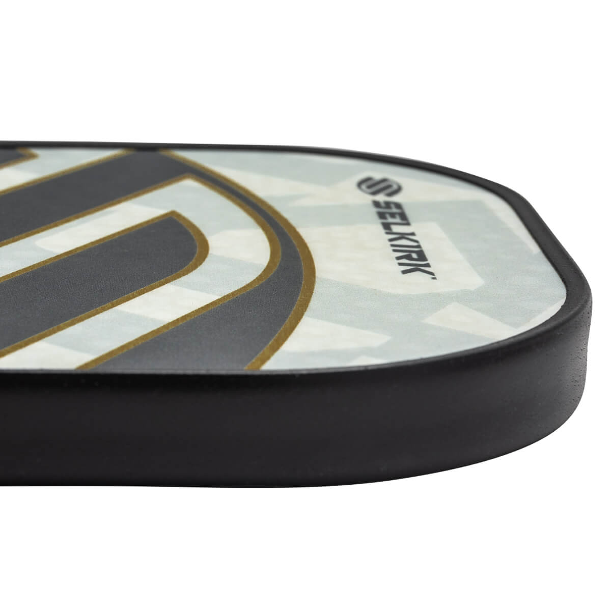 Side view of a white pickleball paddle with black and gold accents and the Selkirk logo.