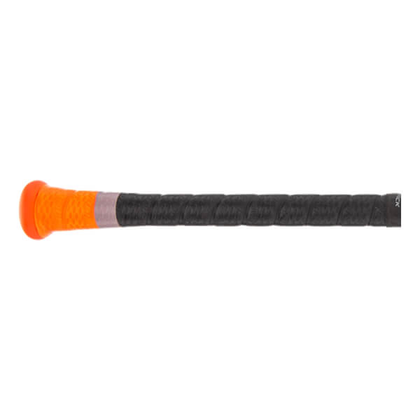 Side view of a black baseball bat with an orange grip and textured pattern.