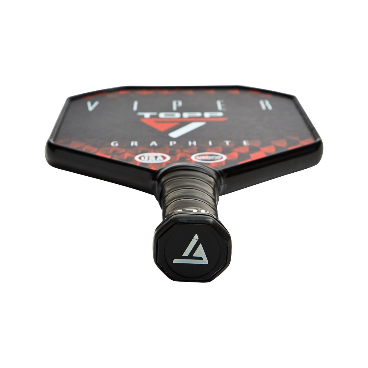 Top-down view of a black pickleball paddle with red checkered pattern and TOPP VIPER GRAPHITE text.
