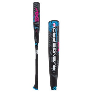 Side view of a black Axe Avenge Pro Hybrid baseball bat with pink and blue accents and USA Baseball branding.