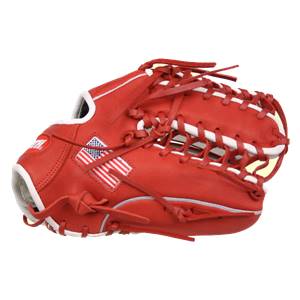 Side view of a red baseball glove with white lacing and an American flag patch.