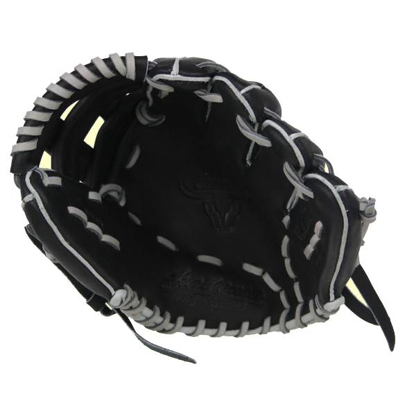 Top-down view of a black baseball glove with white lacing and a bull logo.