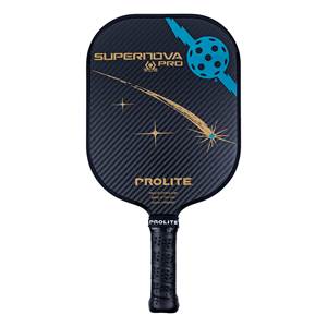 Front view of a black pickleball paddle with a carbon fiber texture, a shooting star graphic, and PROLITE branding.