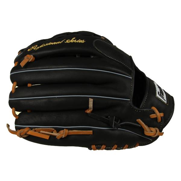 Side view of a black baseball glove with tan lacing and Professional Series text.