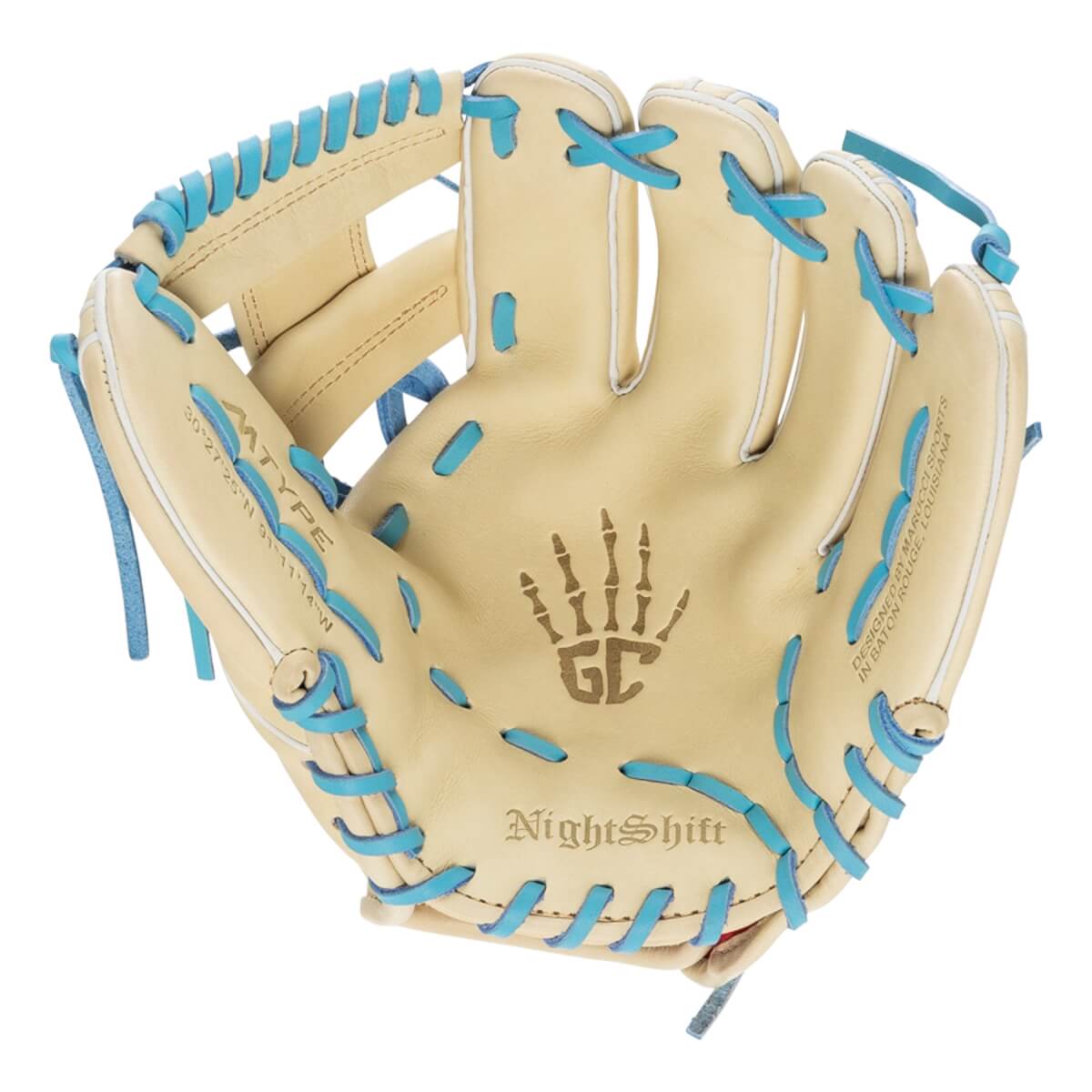 Front view of a tan baseball glove with blue stitching, GC logo, and NightShift text.