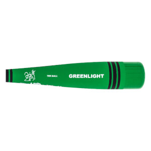 Side view of a green tee ball bat with GREENLIGHT and a logo.