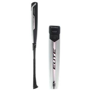 Side view of a silver and black baseball bat with ELITE and HyperWhip MXB text.