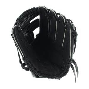 Top-down view of a black baseball glove with white stitching and lacing.