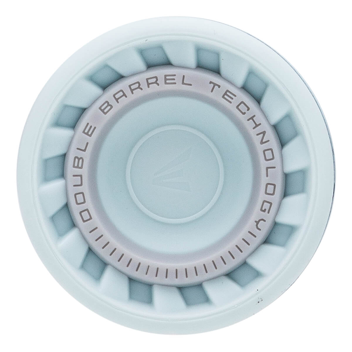 Top-down view of the light blue end cap featuring a textured circular design with the words “DOUBLE BARREL TECHNOLOGY” and a central Easton logo.