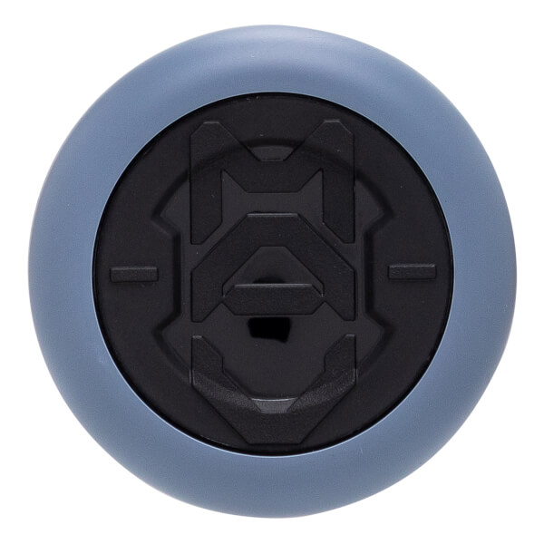 Top-down view of a dusty blue and black baseball bat end cap with a raised geometric MAV logo.