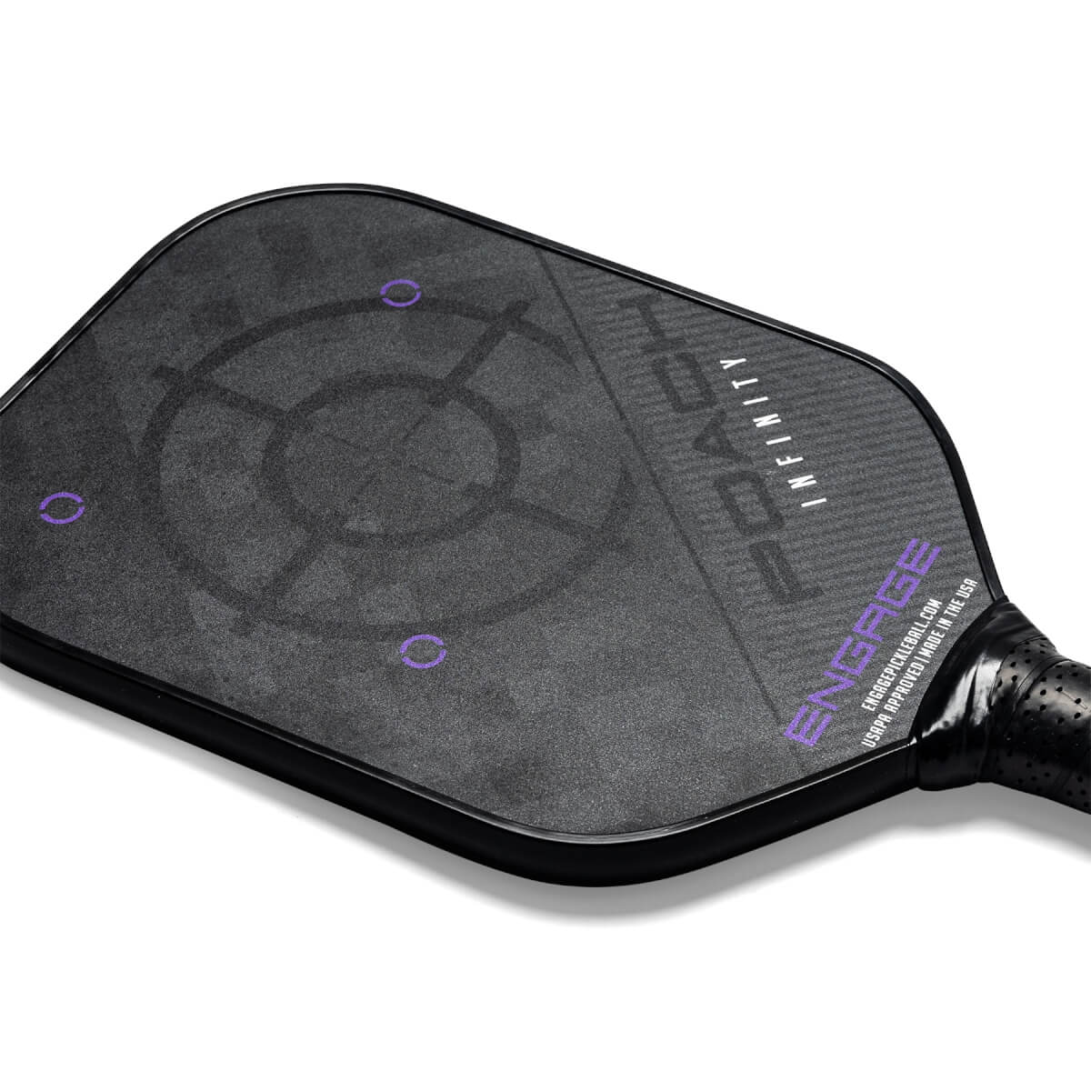 Top-down view of a black pickleball paddle with a target graphic and POACH INFINITY text.