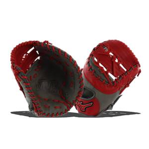 Front view of smoke and red Mizuno MVP Prime SE first base mitt with red stitching and logo.
