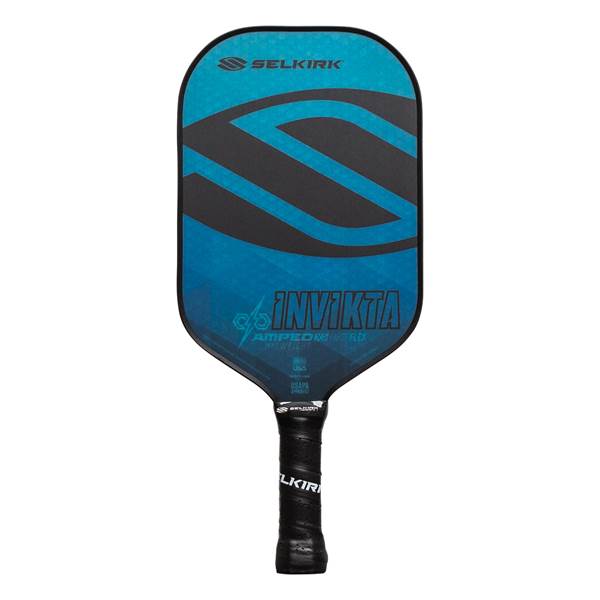 Front view of a blue and black pickleball paddle with SELKIRK and INV IKTA branding.
