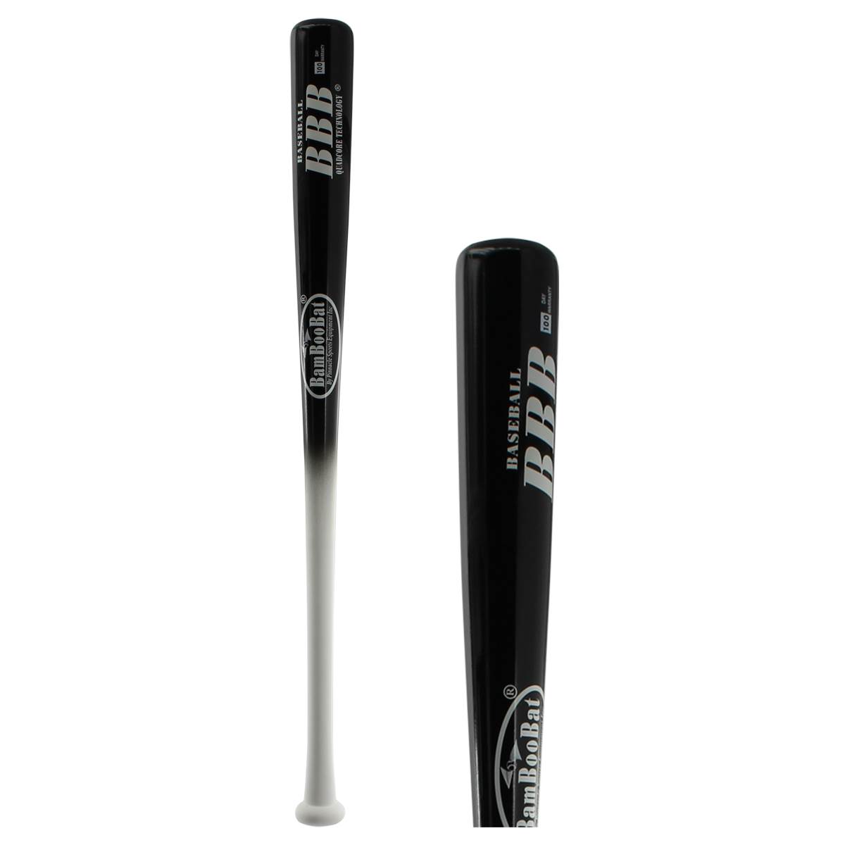 Side view of a black and white baseball bat with BBB and BambooBat branding.