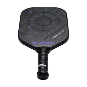 Front view of a black pickleball paddle with a target design, POACH INFINITY text, and ENGAGE logo.